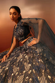 Deep Sea Blue Lehenga, Blouse & stylised drape Ruceru